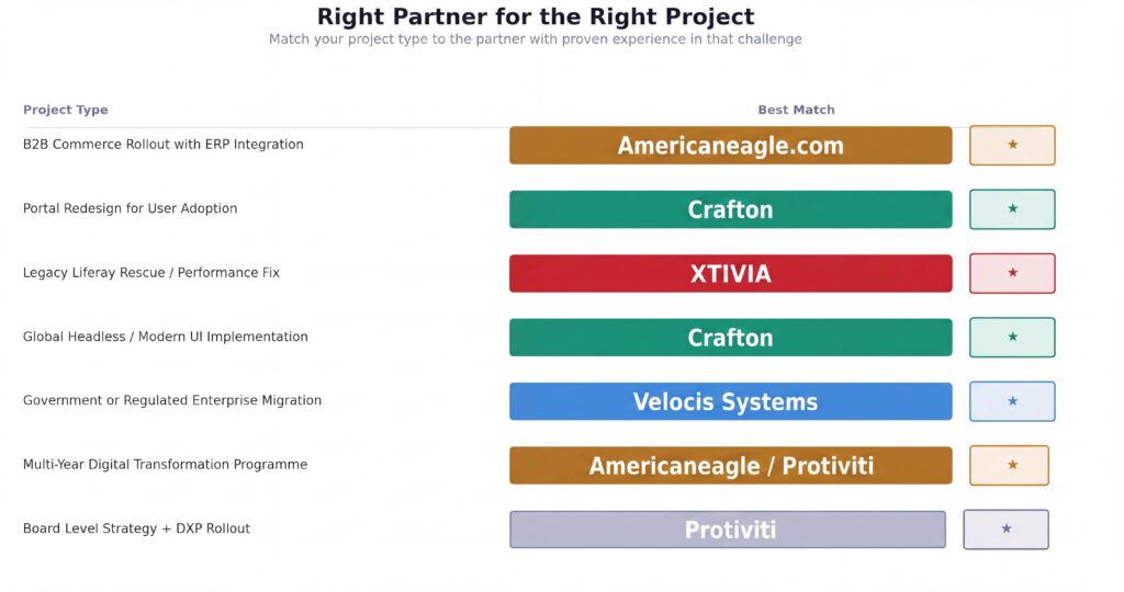 A table showing the right liferay partner for the right project