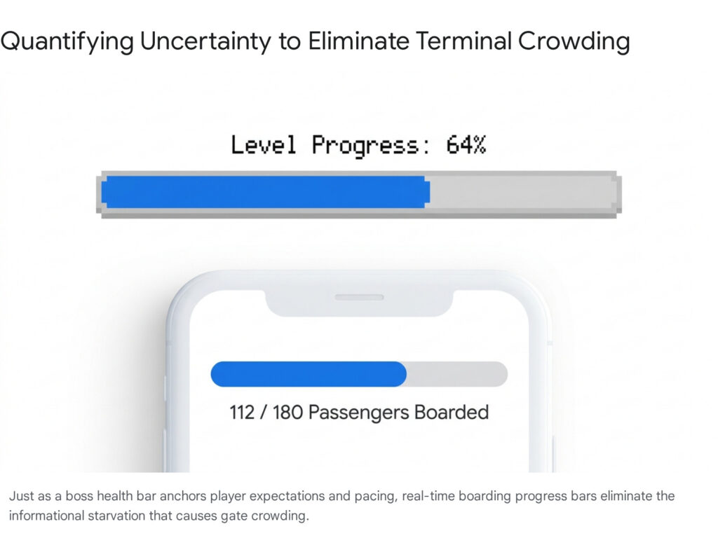 Boarding progress bar showing real-time group status at the gate: game mechanics applied to airport gate crowding