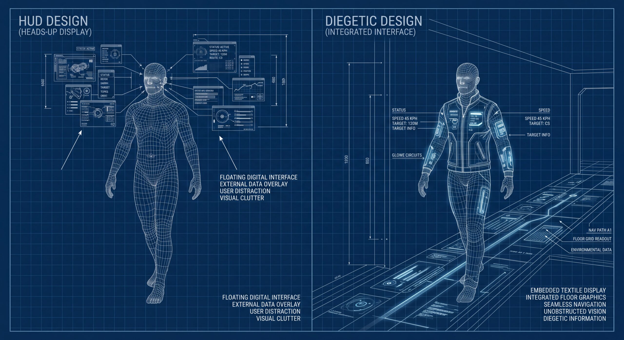 Side-by-side comparison: HUD overlay interface versus diegetic in-world interface design applied to airport UX