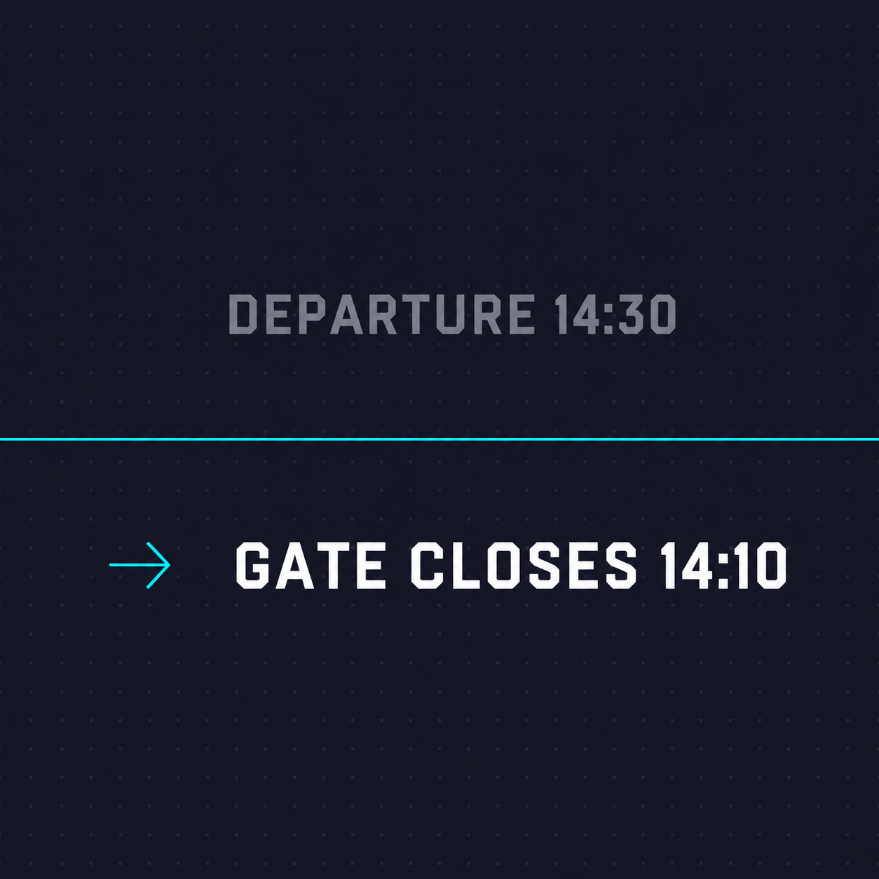Departure board showing DEPARTURE 14:30 struck through, replaced by GATE CLOSES 14:10 in teal