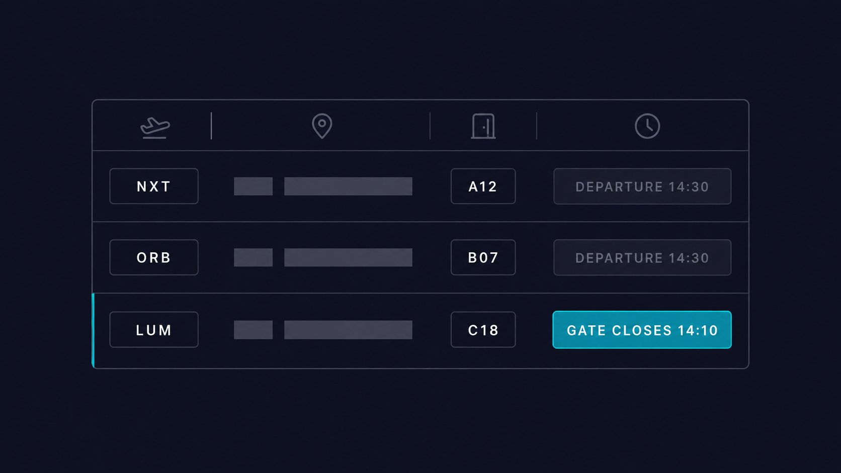 Flight information display system mockup showing two flights with DEPARTURE 14:30 and one highlighted flight showing GATE CLOSES 14:10 in teal
