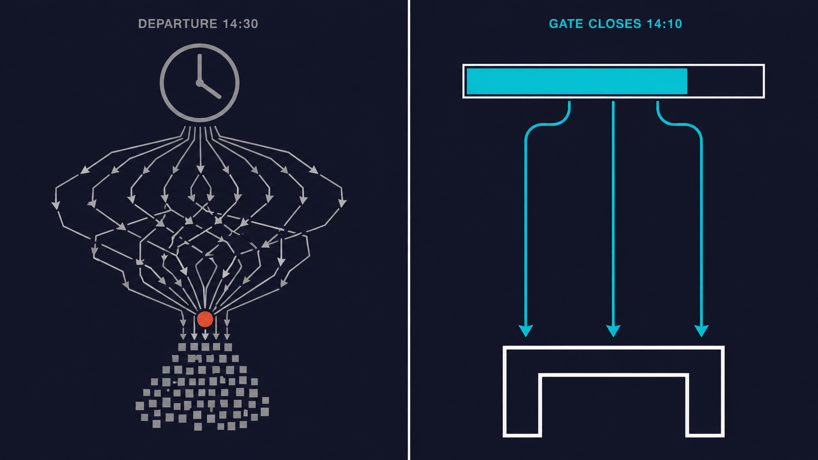 Diagram comparing chaotic passenger movement caused by departure time ambiguity versus orderly movement produced by gate close time clarity